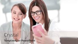  Presentation with business women - Presentation enhanced with two business women taking selfies in the office background and a soft green colored foreground
