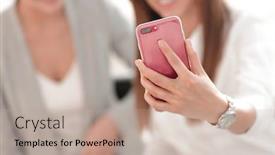  Presentation with business women - Cool new slides with two business women taking selfies in the office backdrop and a mint green colored foreground