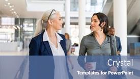  Presentation with building women - PPT layouts having two-business-women-walking background and a ocean colored foreground