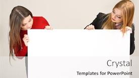  Presentation with business women - Beautiful slide deck featuring two business women with blank form on grey background backdrop and a white colored foreground