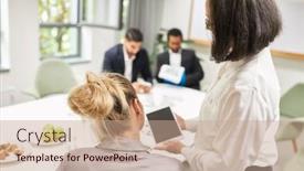  Presentation with women meeting - Slide deck having two-business-women-working-together background and a coral colored foreground