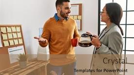  Presentation with office workers - Presentation design having two-business-workers-relaxed-drinking background and a  colored foreground