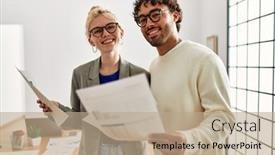  Presentation with office workers - PPT theme having two-business-workers-smiling-happy background and a coral colored foreground