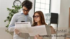  Presentation with working - Presentation consisting of two-business-workers-with-serious background and a coral colored foreground