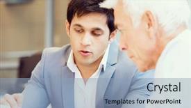  Presentation with discussion - Cool new presentation design with two businessman in office having backdrop and a light blue colored foreground