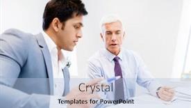  Presentation with discussion - Presentation design having two businessman in office having discussion background and a light blue colored foreground