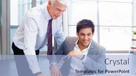  Presentation with discussion - PPT layouts with two businessman in office having discussion in front of computer background and a light blue colored foreground