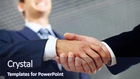  Presentation with shaking hands - Audience pleasing slide deck consisting of two businessman shaking hands greeting backdrop and a navy blue colored foreground
