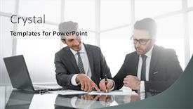  Presentation with contract - Beautiful PPT layouts featuring two businessmen are discussing the terms of the contract backdrop and a white colored foreground