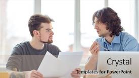  Presentation with contract - Colorful PPT theme enhanced with two businessmen discussing business contract backdrop and a  colored foreground