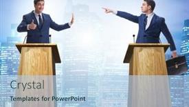  Presentation with discussion - Colorful presentation theme enhanced with two-businessmen-having-heated-discussion backdrop and a light blue colored foreground