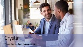  Presentation with coffee shop - Amazing presentation design having two businessmen having informal meeting backdrop and a ocean colored foreground