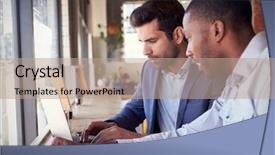  Presentation with coffee shop - Presentation theme with two businessmen having informal meeting background and a coral colored foreground