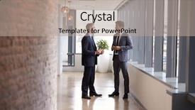  Presentation with meeting - Colorful slide set enhanced with two businessmen having informal meeting backdrop and a mint green colored foreground