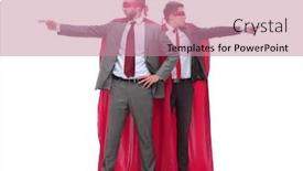  Presentation with superhero - Colorful PPT layouts enhanced with two-businessmen-in-superhero-raincoats backdrop and a coral colored foreground
