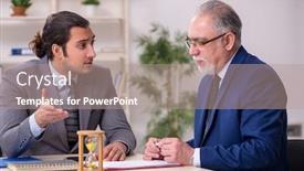  Presentation with time management - PPT layouts featuring two-businessmen-in-time-management background and a coral colored foreground