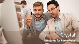  Presentation with monitor computer - Amazing presentation theme having two businessmen look at the computer monitor backdrop and a violet colored foreground