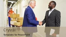  Presentation with factory workers - Audience pleasing slide set consisting of two-businessmen-shaking-hands backdrop and a coral colored foreground