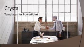  Presentation with shaking hands - Colorful presentation design enhanced with two businessmen stand shaking hands backdrop and a light gray colored foreground