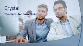  Presentation with computer on success - Beautiful presentation design featuring two businessmen use a computer backdrop and a sky blue colored foreground