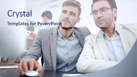  Presentation with computer science google crawler - Presentation design consisting of two businessmen use a computer background and a sky blue colored foreground