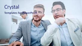  Presentation with computer in backrond - PPT layouts enhanced with two businessmen use a computer background and a sky blue colored foreground