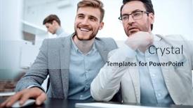  Presentation with computer - Beautiful slide set featuring two-businessmen-use-a-computer backdrop and a light blue colored foreground