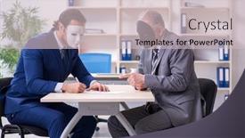  Presentation with masks - Slide deck with two-businessmen-wearing-masks-during background and a soft green colored foreground