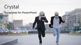  Presentation with masks - PPT layouts with two businessmen with gas masks running at city background and a white colored foreground