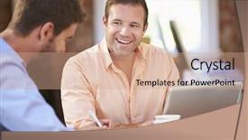  Presentation with employees working together - Slide set enhanced with two businessmen working at desk background and a coral colored foreground