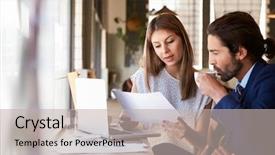  Presentation with underage drinking two teenagers having - Presentation design featuring two businesspeople having informal meeting background and a mint green colored foreground