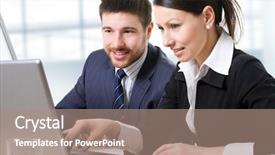  Presentation with monitor stakeholder - PPT theme enhanced with two businesspeople looking at monitor background and a coral colored foreground