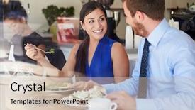  Presentation with kick off meeting crystal - Audience pleasing slide set consisting of two businesspeople meeting for lunch backdrop and a soft green colored foreground