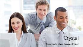  Presentation with computers - Colorful PPT layouts enhanced with two businesspeople working at computers with their manager in the office backdrop and a lemonade colored foreground