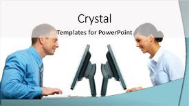  Presentation with sitting posture and computer ergonomics - Colorful PPT theme enhanced with two businesspeople working at computers backdrop and a white colored foreground