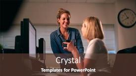  Presentation with meeting - Cool new presentation design with two-businesswoman-having-informal-meeting backdrop and a tawny brown colored foreground