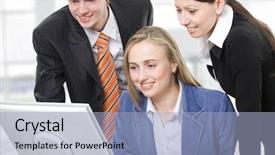  Presentation with monitor computer - Presentation theme consisting of two businesswomen and one businessman looking at the computer monitor background and a light blue colored foreground