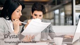  Presentation with consulting - PPT layouts consisting of two businesswomen consulting on meeting background and a soft green colored foreground