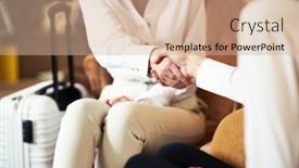  Presentation with hotel - Slides enhanced with two-businesswomen-greeting-in-modern background and a coral colored foreground