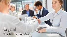  Presentation with negotiation - Beautiful slide set featuring two-businesswomen-handshaking backdrop and a light gray colored foreground