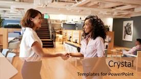  Presentation with hand shake law office - Cool new PPT theme with two businesswomen meeting and shaking backdrop and a coral colored foreground