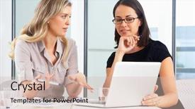  Presentation with meeting pov - Beautiful presentation theme featuring two businesswomen meeting in office backdrop and a soft green colored foreground