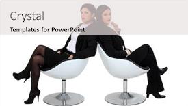  Presentation with designe for two wheelers safety - Colorful presentation theme enhanced with two businesswomen sat in designer chairs backdrop and a light gray colored foreground