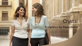  Presentation with walking together - Slides with two businesswomen walking through town together background and a coral colored foreground