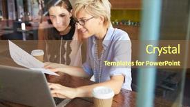  Presentation with pen laptop coffee cup clips - PPT layouts with two businesswomen working on laptop background and a tawny brown colored foreground