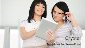  Presentation with gadget - PPT theme enhanced with two-businesswomen-working-on-tablet background and a  colored foreground