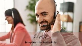  Presentation with call center - Presentation design featuring two-call-center-agent-smiling background and a  colored foreground