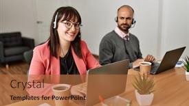  Presentation with call center - PPT layouts featuring two-call-center-agent-smiling background and a  colored foreground