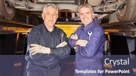  Presentation with mechanics - Beautiful presentation theme featuring two-car-mechanics-with-competence backdrop and a ocean colored foreground