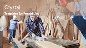  Presentation with wood joinery - Audience pleasing PPT layouts consisting of two-carpenters-saw-wood backdrop and a coral colored foreground